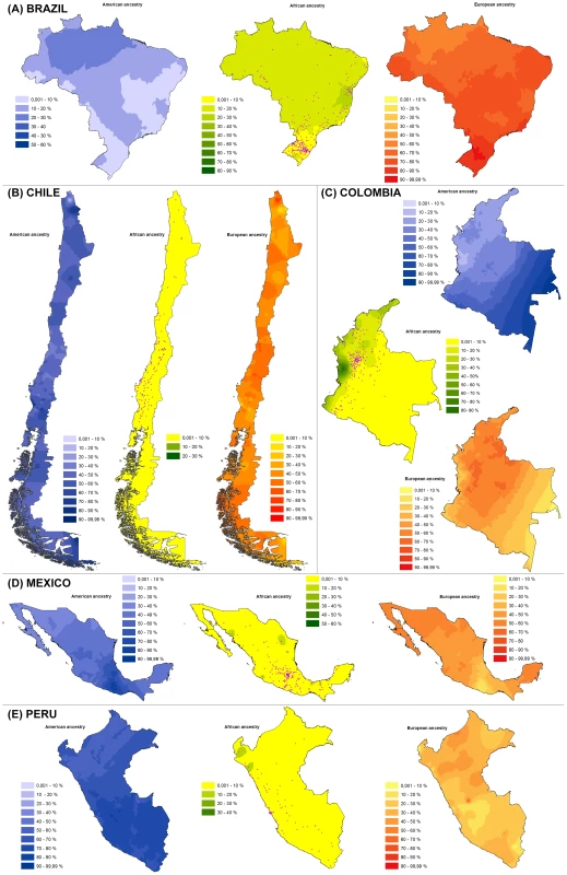 Geographic distribution of Native American (blue), African (green) and European (red) ancestry based on individual estimates for samples from (A) Brazil, (B) Chile, (C) Colombia, (D) México and (E) Perú.