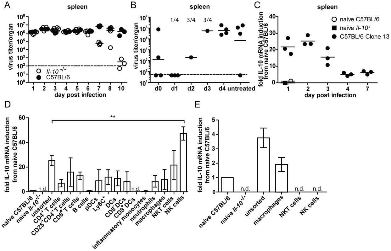 Virus titers in presence and absence of IL-10 and IL-10 mRNA expression levels.