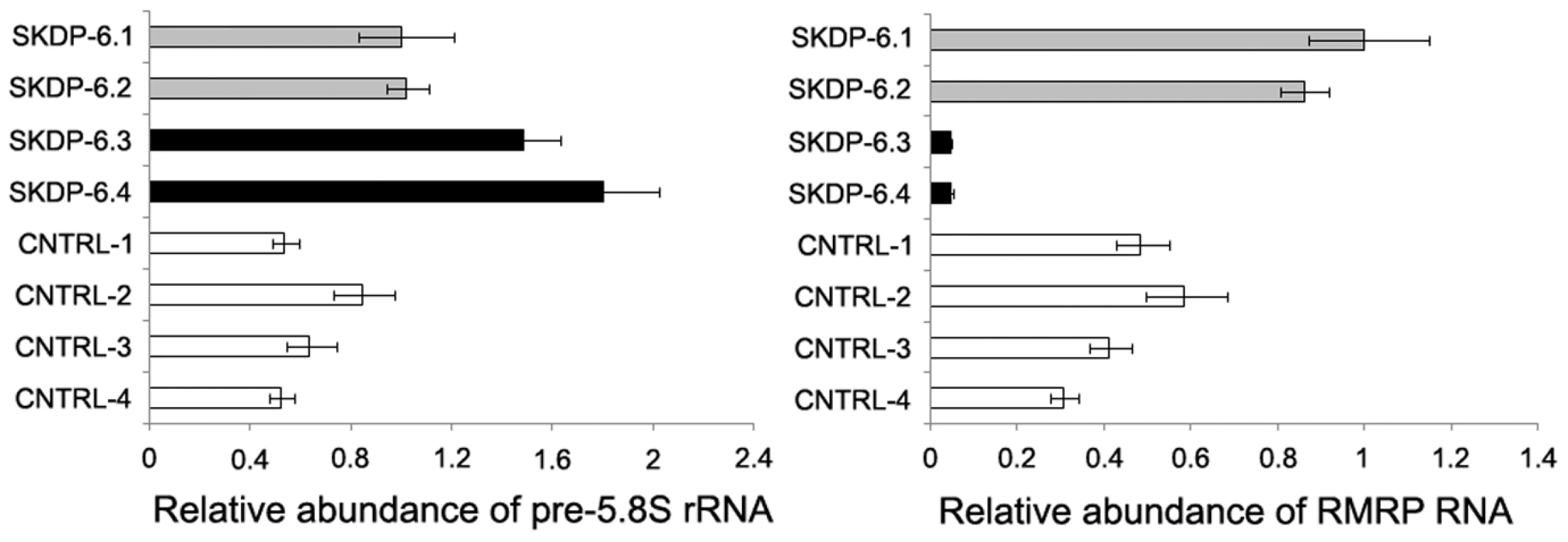 Relative abundance of pre-5.8S rRNA and <i>RMRP</i> RNA in the affected individuals.
