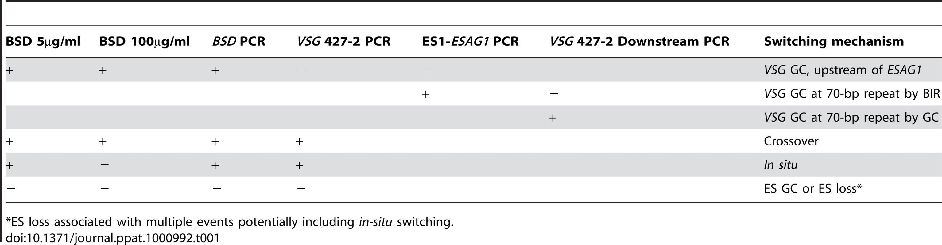 Strategies to score switching mechanisms by blasticidin sensitivity and PCR.