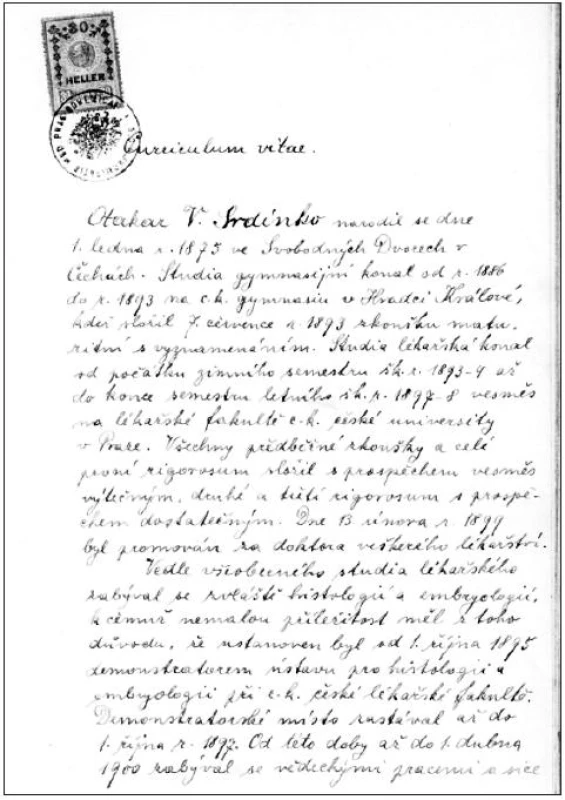 Srdínkův rukopis jeho životopisu podaný jako součást žádosti o „venium docendi“
