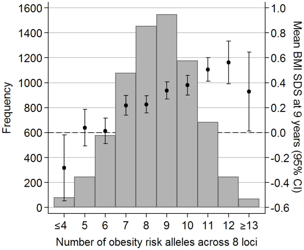 Distribution of the obesity-risk-allele score in ALSPAC children.