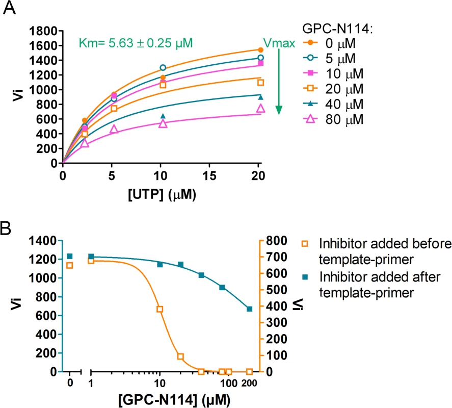 Characterization of the inhibitory mechanism of GPC-N114 on CVB3 3D<sup>pol</sup>.