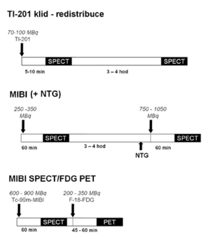 Různé typy klidových protokolů pro vyšetření viability myokardu [36].