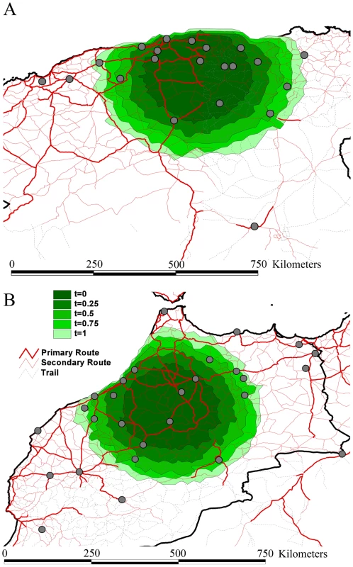 Spatial simulation based on the inferred evolutionary histories and epidemiological parameters of rabies spread in Algeria (A) and Morocco (B).