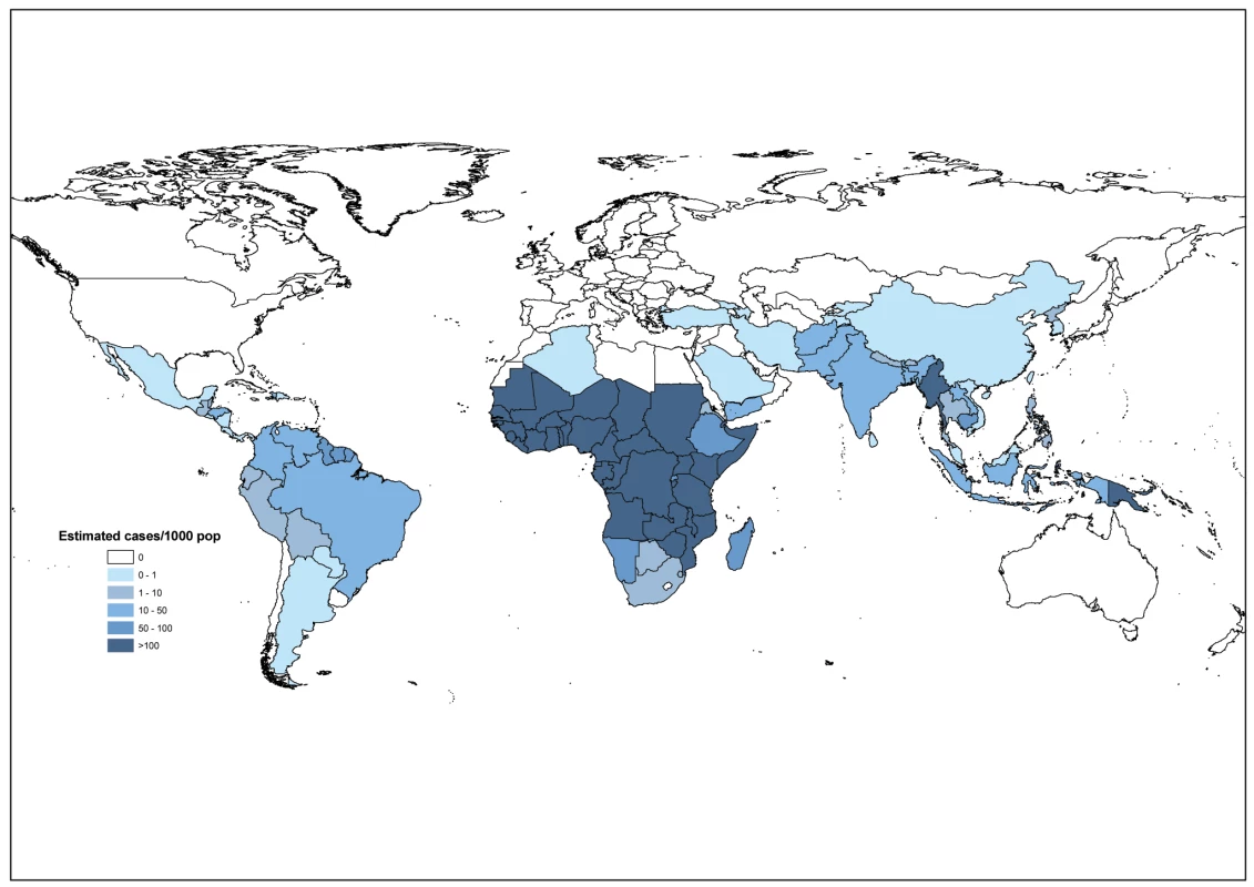 Estimated number of malaria cases per 1,000 population in 99 endemic countries made by method 1 (56 non-African and nine African countries) and method 2 (34 African countries).