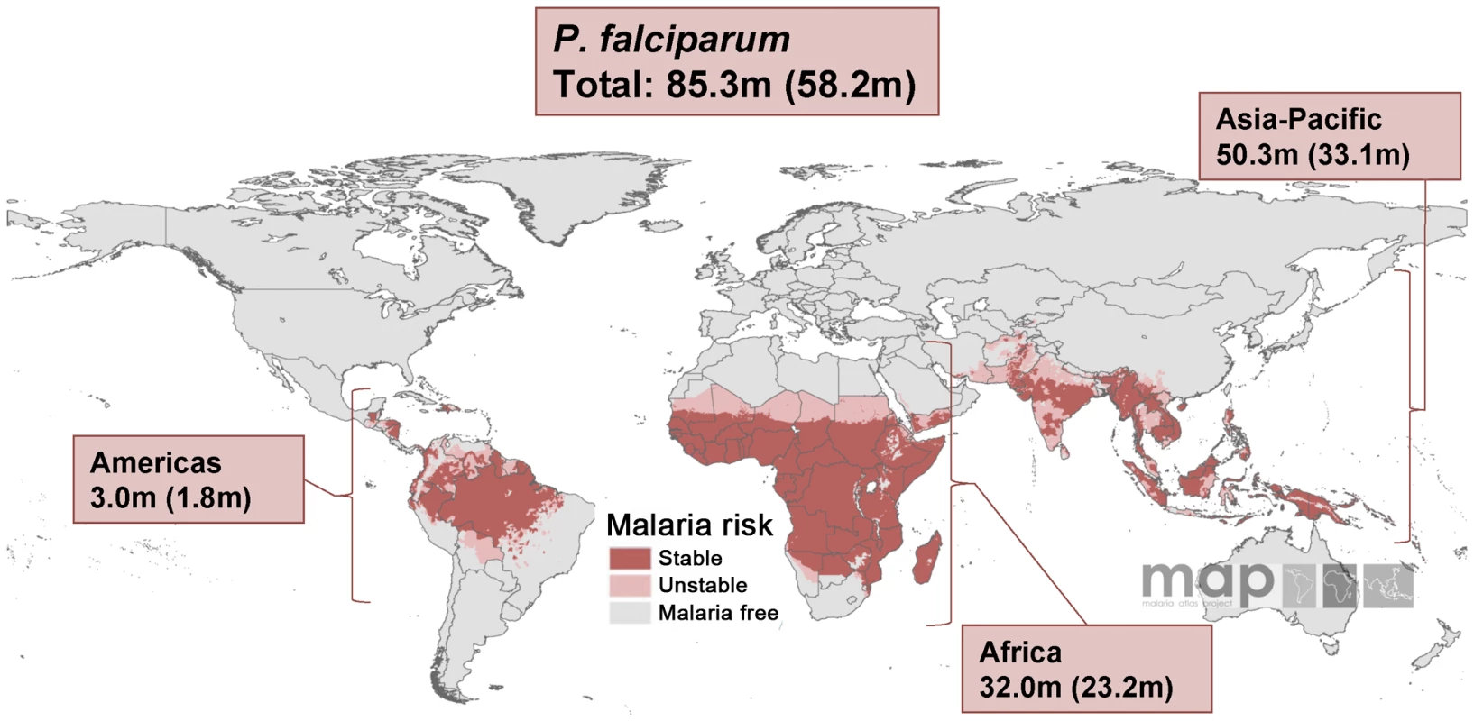 Malaria risk map for &lt;i&gt;P. falciparum&lt;/i&gt; and corresponding number of pregnancies in each continent in 2007.