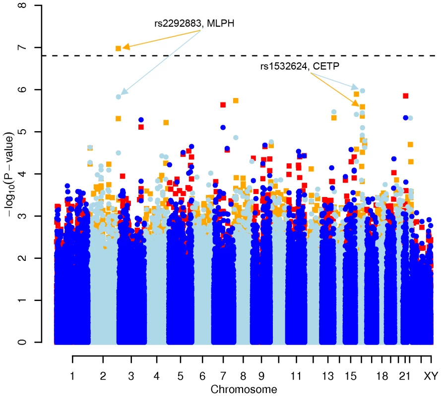 Manhattan plot of genome-wide effects on HDL cholesterol levels in the Swedish discovery cohort.