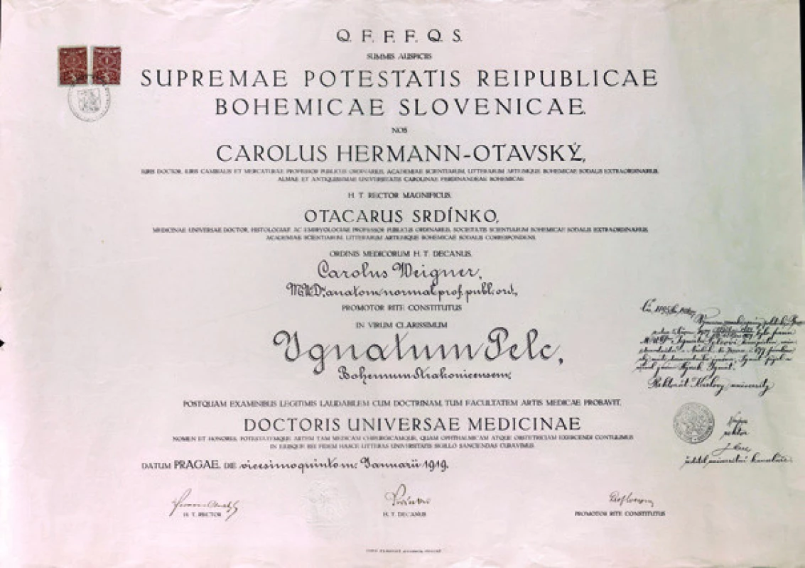 Doktorský diplom Lékařské fakulty Univerzity Karlovy Hynka Pelce z roku 1919