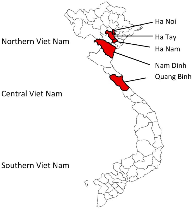 Map of the Vietnam provinces, where mosquito surveillance was conducted between 2001 and 2003.