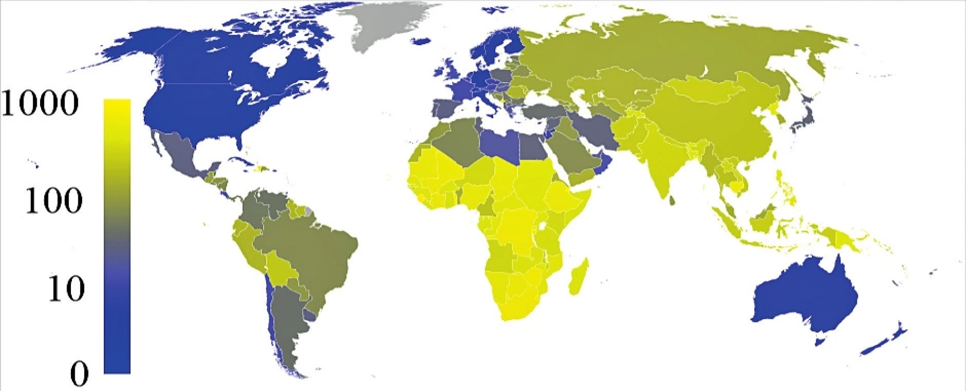 Mapa celosvětové prevalence TBC na 100 000 obyvatel (&lt;a href=&quot;https://cs.wikipedia.org/wiki/Tuberkuloza&quot;&gt;https://cs.wikipedia.org/wiki/Tuberkuloza&lt;/a&gt;).