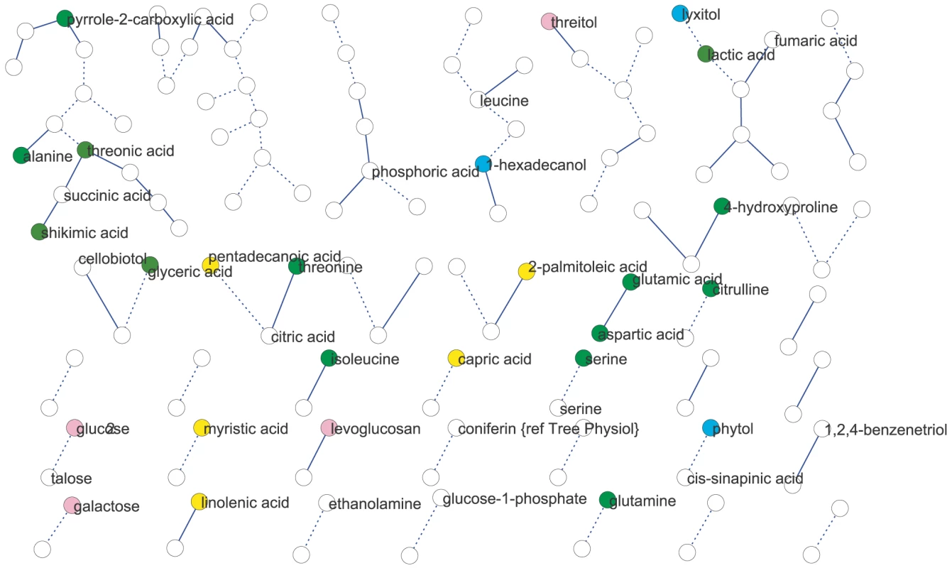 Metabolic network for Expt. A generated from significant (local FDR&lt;20%) partial correlations between metabolites.