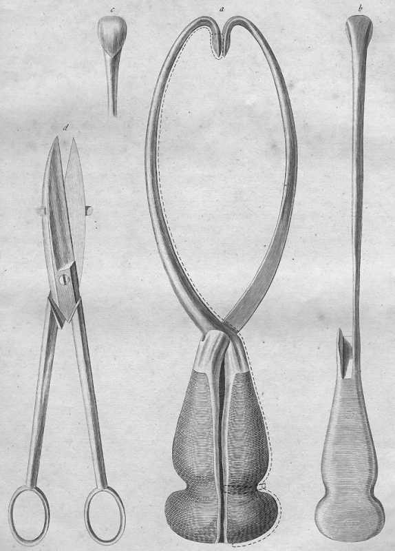 Smellieho perforační nůžky s dlouhými rukojetěmi a ostrou špičkou a Smellieho dekapitační háky