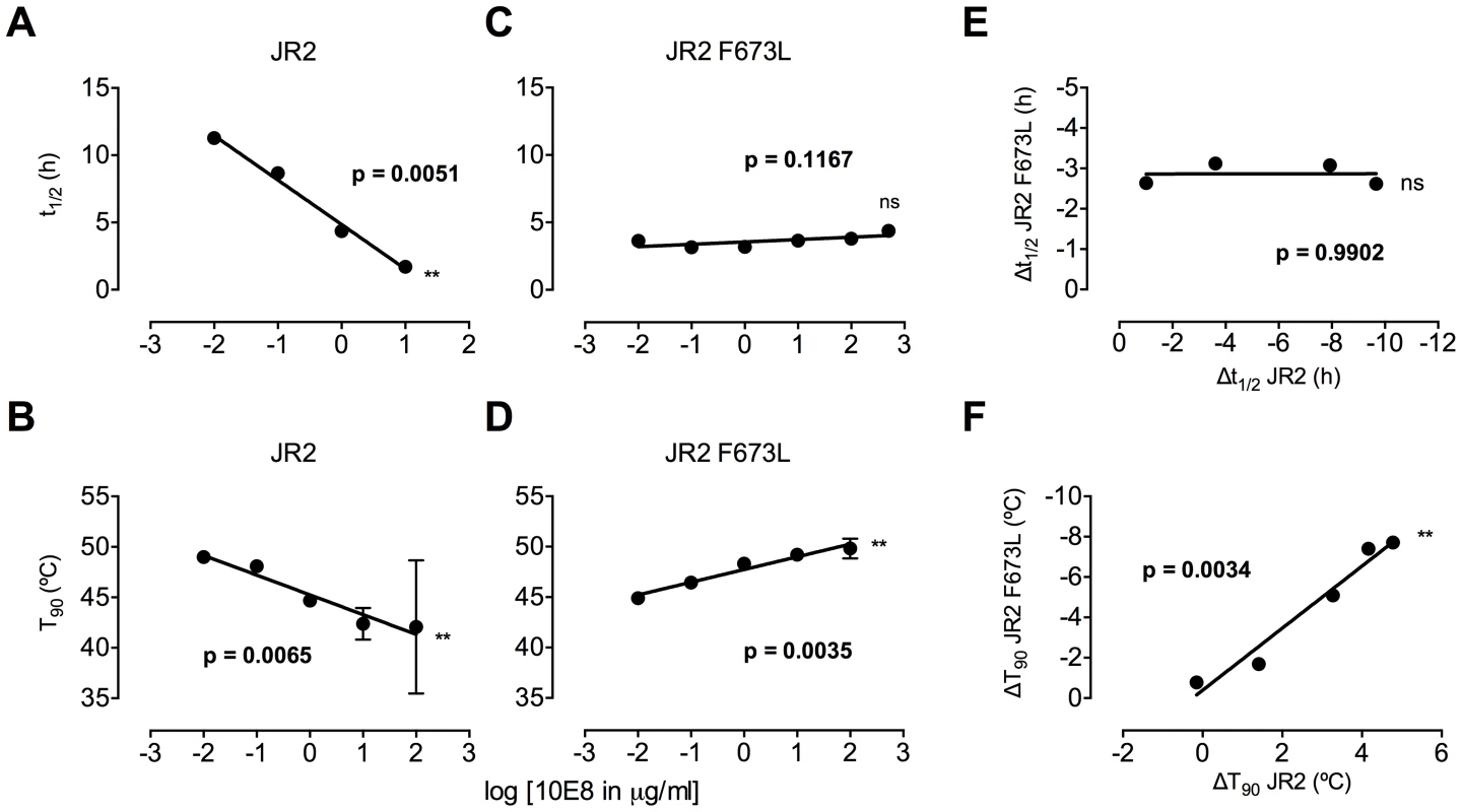 Enhancement by 10E8 of the functional stability of MPER mutant F673L and corresponding diminution of functional stability of wild type HIV-1 Env.