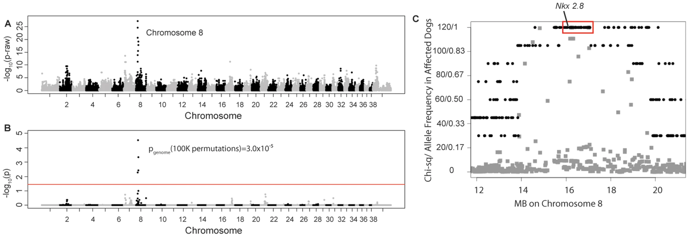 Manhattan plots of GWAS results for NTDs in Weimaraners (4 cases, 96 controls; λ = 1.03).