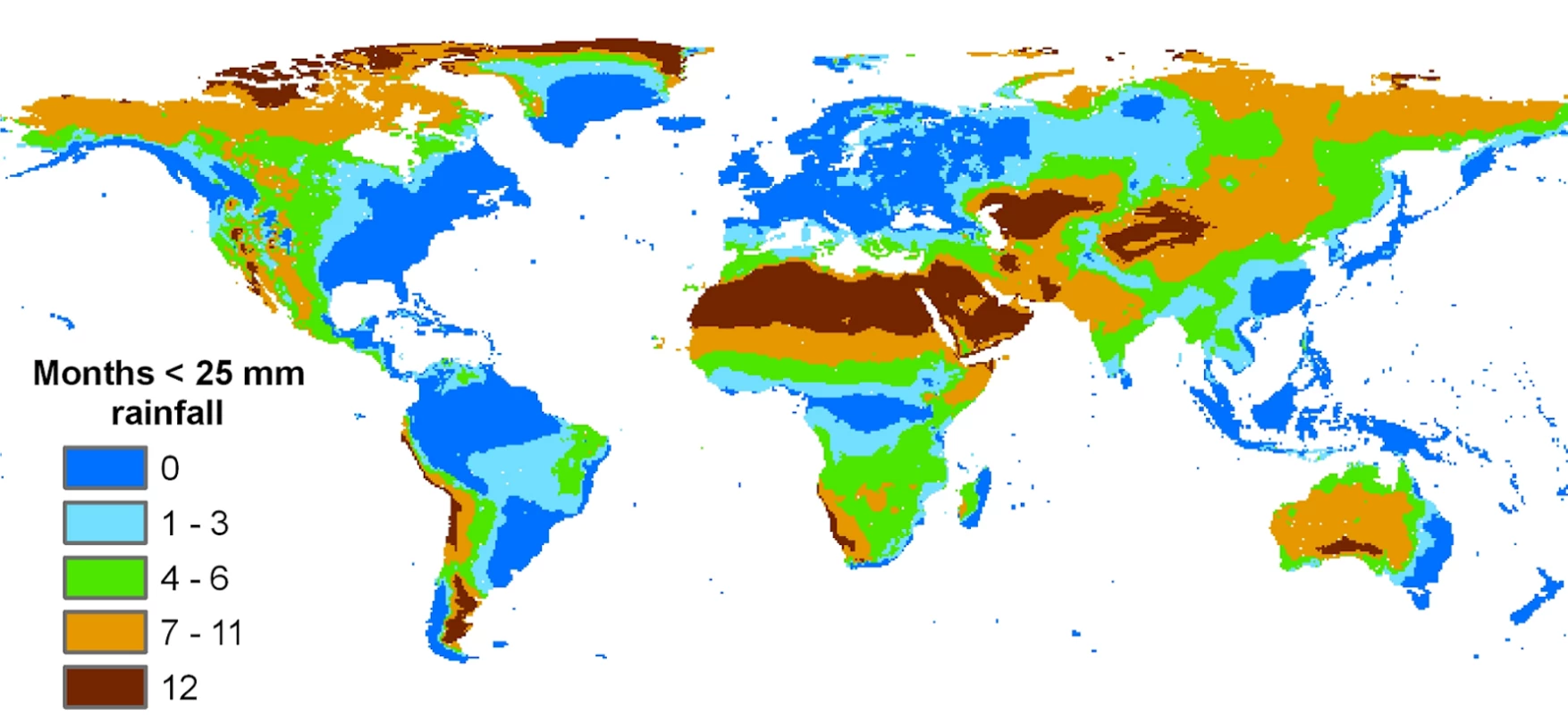 Global distribution of rainfall: The number of dry months in a year.