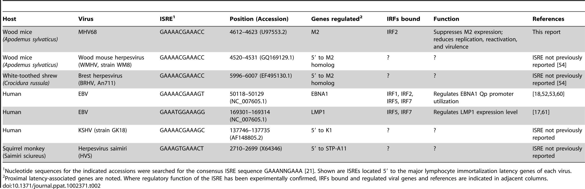Gammaherpesvirus ISREs regulating genes involved in lymphocyte latency and immortalization.