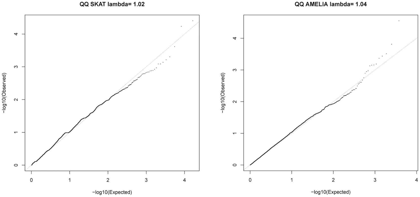 QQ plots for SKAT and AMELIA analyses using primary controls.
