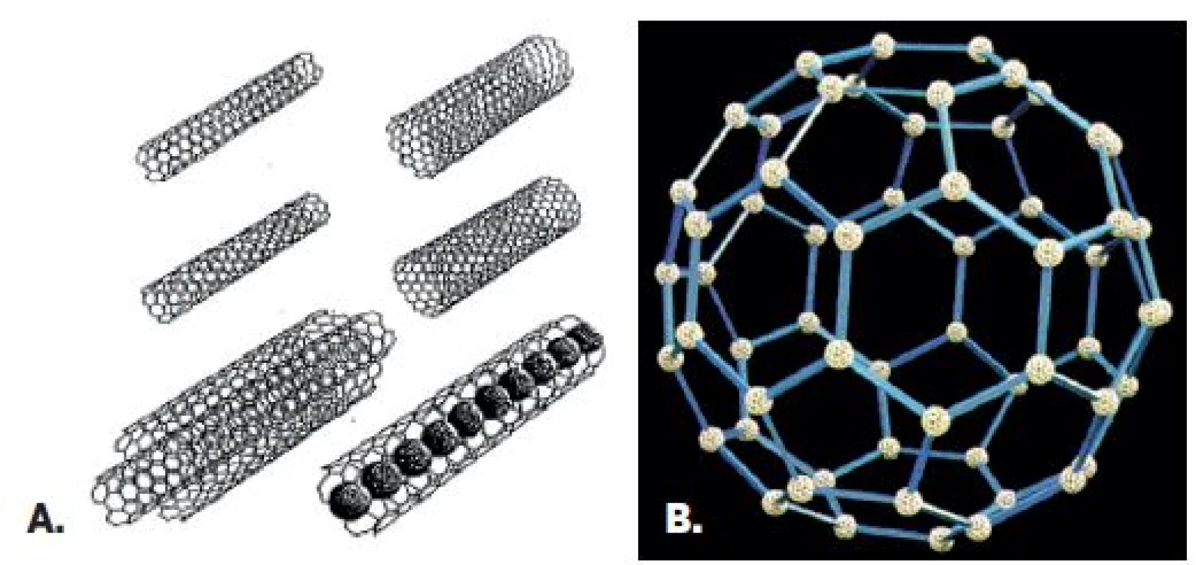 Príklady niektorých tvarov nanočastíc
Vybrané druhy a tvary nanočastíc (A – uhlíkové nanorúrky, B – fulerény).