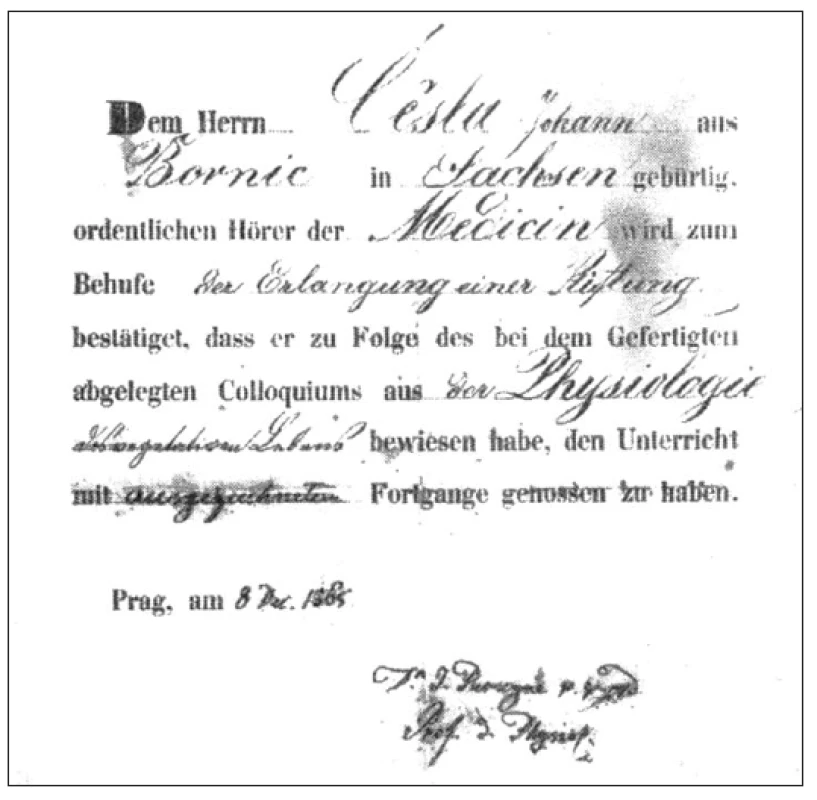 Potvrzení podepsané 8. prosince 1865 profesorem Janem Evangelistou Purkyněm, že Jan Ćěsla podstoupil kolokvium z fyziologie vegetativního života s výborným prospěchem (22).