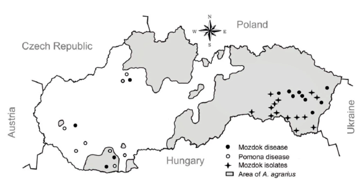 Chart of the Slovak republic illustrating the regional distribution
of patients with Pomona and Mozdok diseases, sites of isolation of Mozdok strains
from Apodemus agrarius and areas of this feral rodent