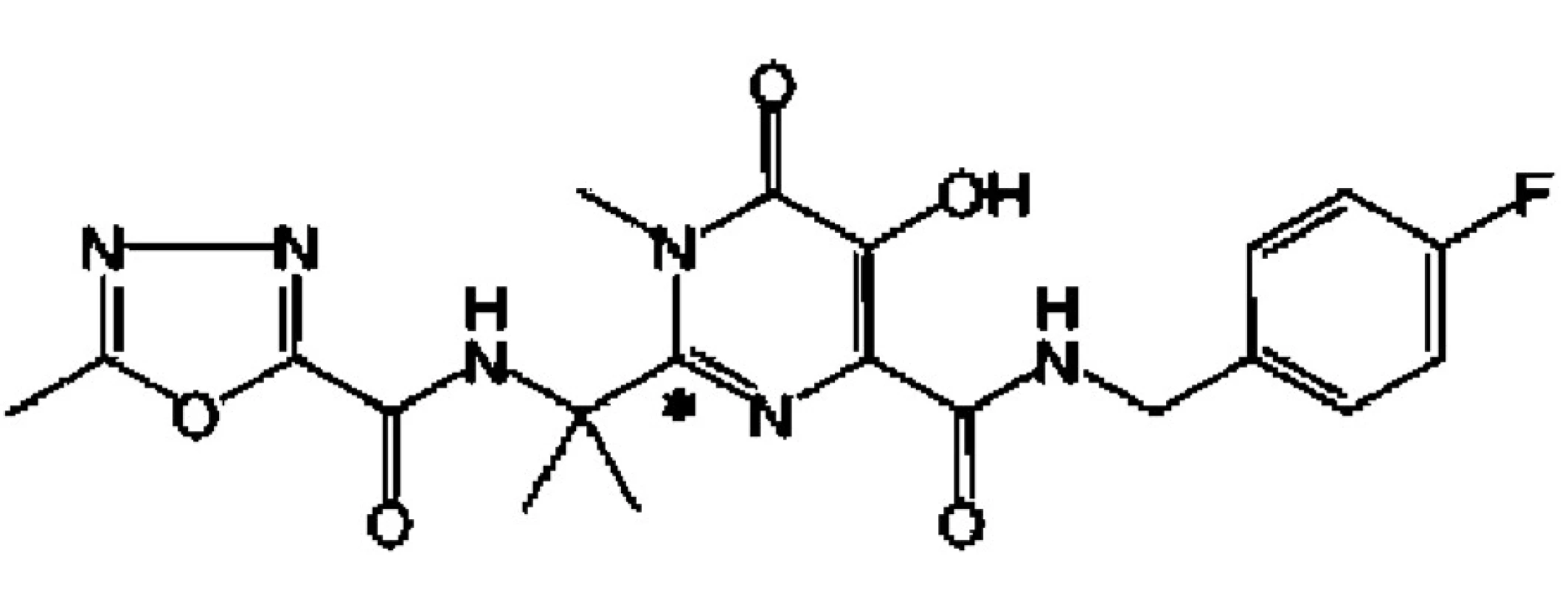 Chemický vzorec raltegraviru (hydroxypyrimidinon karboxamidu)