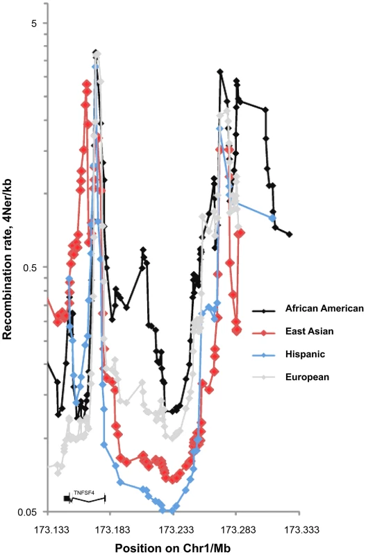 Fine scale maps of recombination rate inferred from East Asian, European, Hispanic and African-American control phased chromosomes.