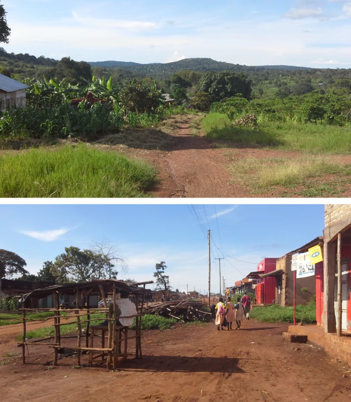 The main road in study villages in the lowest and highest urbanicity quartiles, Kyamulibwa, Uganda, 2011.