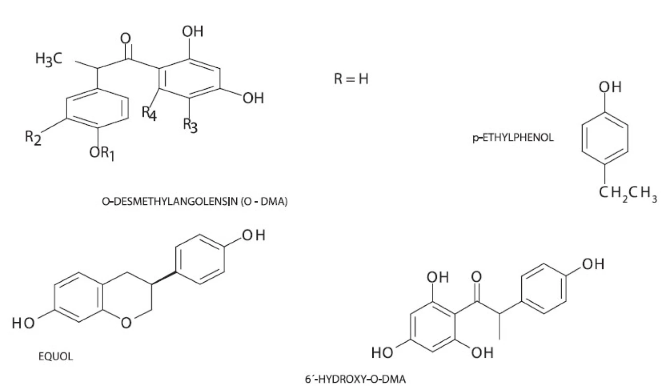 Struktura metabolitů isoflavonoidů 6’-hydroxy-O-DMA