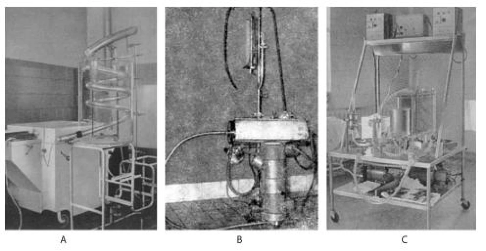 První přístroje pro mimotělní oběh
A – brněnský DeWall-Lilleheiův přístroj, B – hradecký přístroj Adast Dobruška, C – přístroj MARK III s Gibbonovým mřížovým oxygenátorem