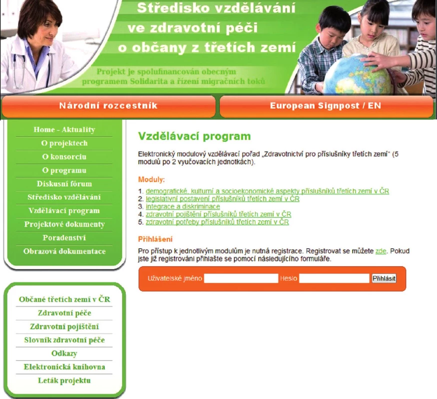 Ukázka vzdělávacího programu na portálu „Středisko vzdělávání ve zdravotní péči o občany třetích zemí“.