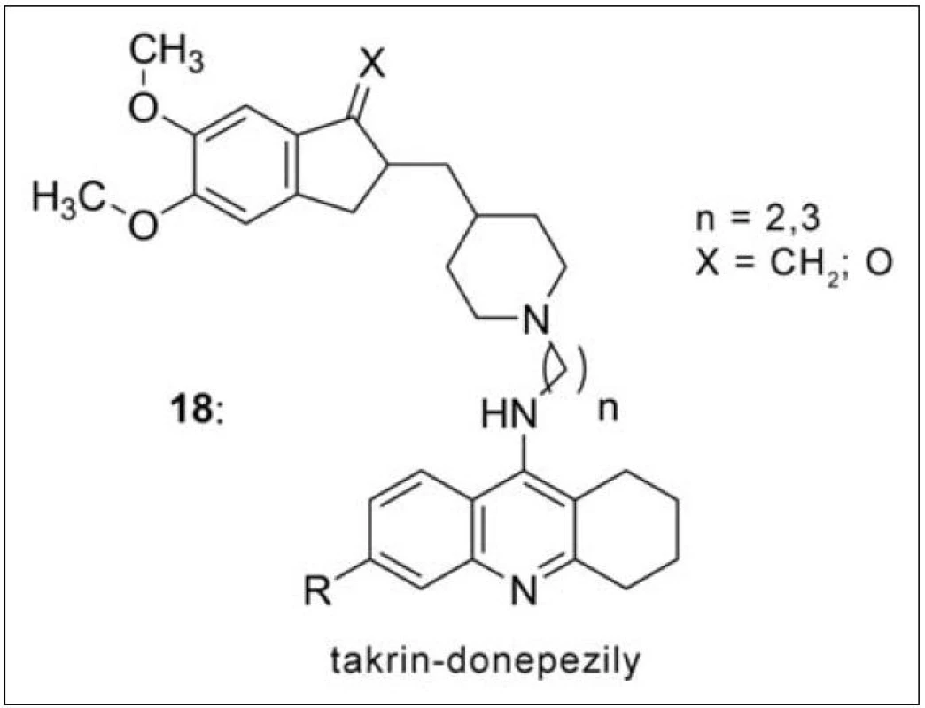 Takrin-donepezilová řada (18). Nejvyšší afinitu k AChE demonstroval derivát s dvěma methylenovými můstky (n = 2) a kyslíkovým atomem v indanové části.