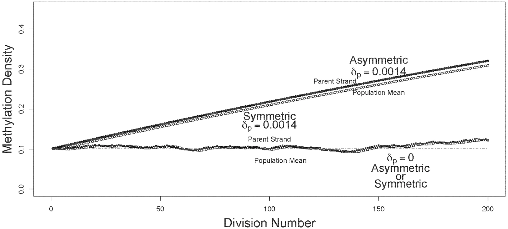 Trajectories of methylation densities under asymmetric or symmetric strand segregation, with low initial methylation density.