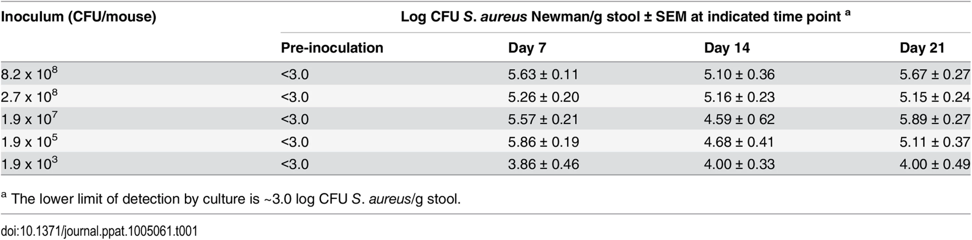 Quantitative stool cultures from mice (n = 4–15 per group) that were inoculated with Sm<sup>r</sup> <i>S</i>. <i>aureus</i> strain Newman on day zero.