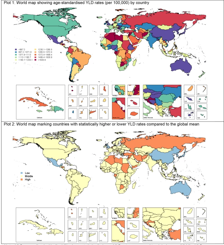 YLD rates (per 100,000) by country for depressive disorders in 2010.