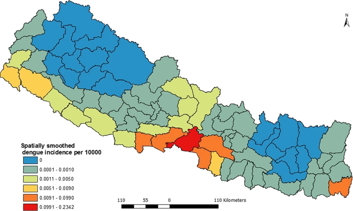 Spatially smoothed dengue incidence map of Nepal (2010–2014)
