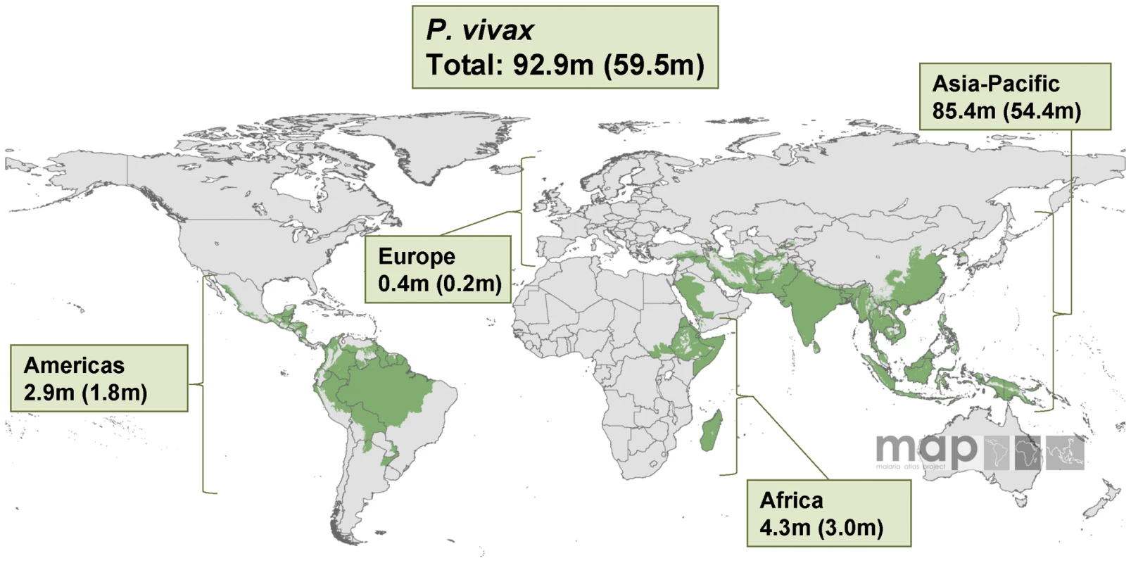 Malaria risk map for &lt;i&gt;P. vivax&lt;/i&gt; and corresponding number of pregnancies in each continent in 2007.