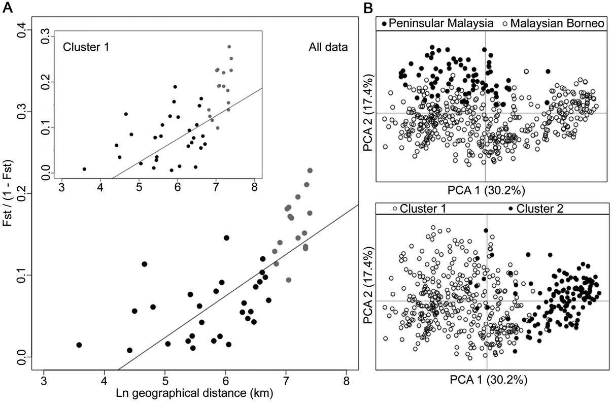Isolation-by-distance model and principal component analysis (PCA) of the human <i>P</i>. <i>knowlesi</i> isolates.