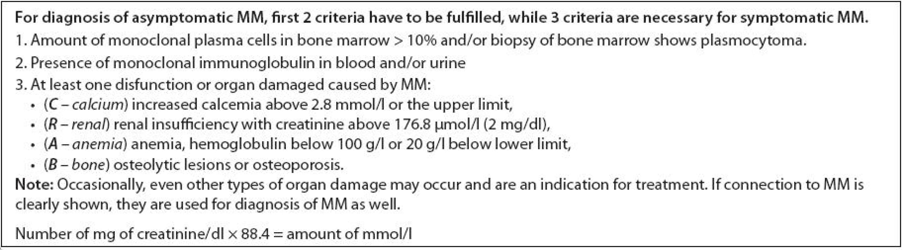 Diagnostic criteria of multiple myeloma based on IMWG, 2003.