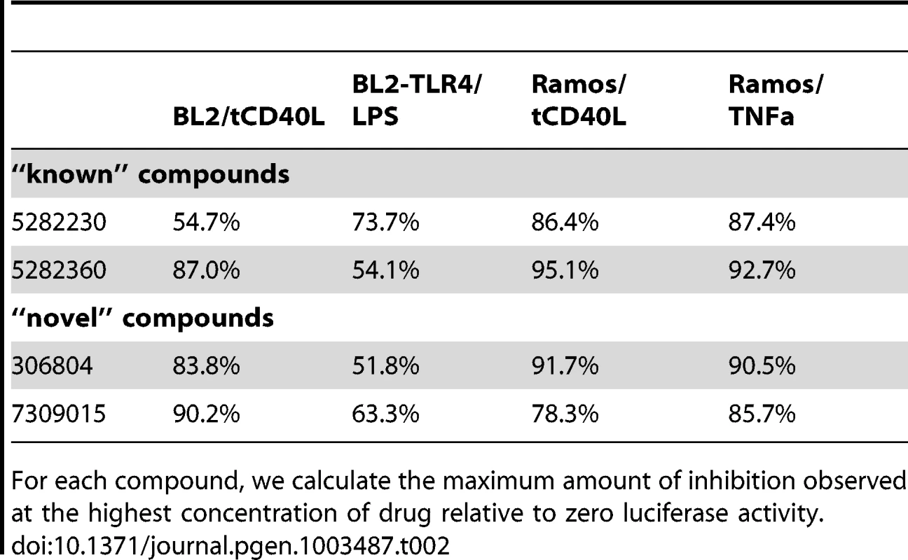 Percent maximum inhibition for two “known” and two “novel” compounds in both BL2-NFκB-Luc and Ramos-NFκB-Luc cell lines.