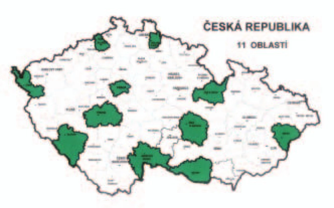 Mapa – 11 oblastí v České republice.