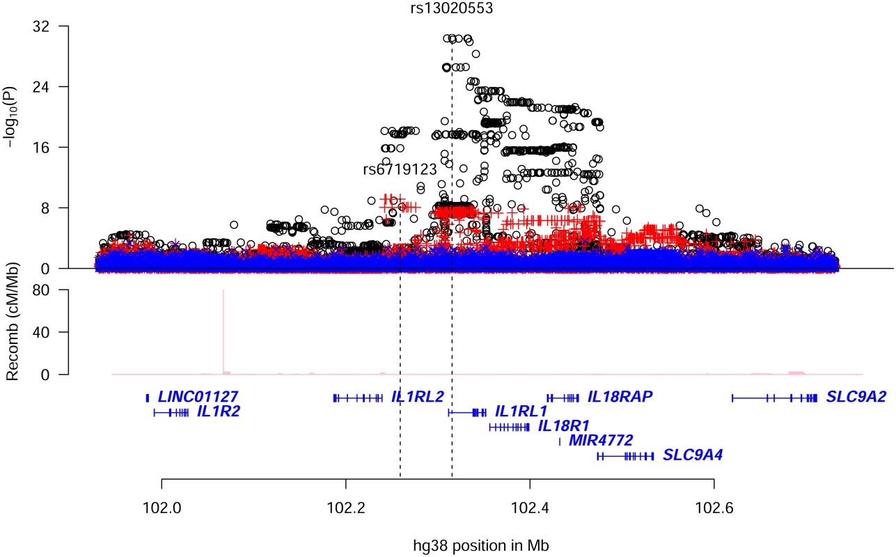 Conditional analysis for eosinophil counts associations in the region around <i>IL1RL1</i>.