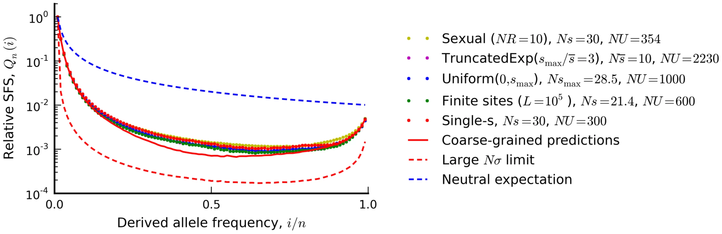 The silent site frequency spectrum from <em class=&quot;ref&quot;>Figure 4</em> (red dots) and forward-time simulations of three equivalent populations predicted from our coarse-grained theory.