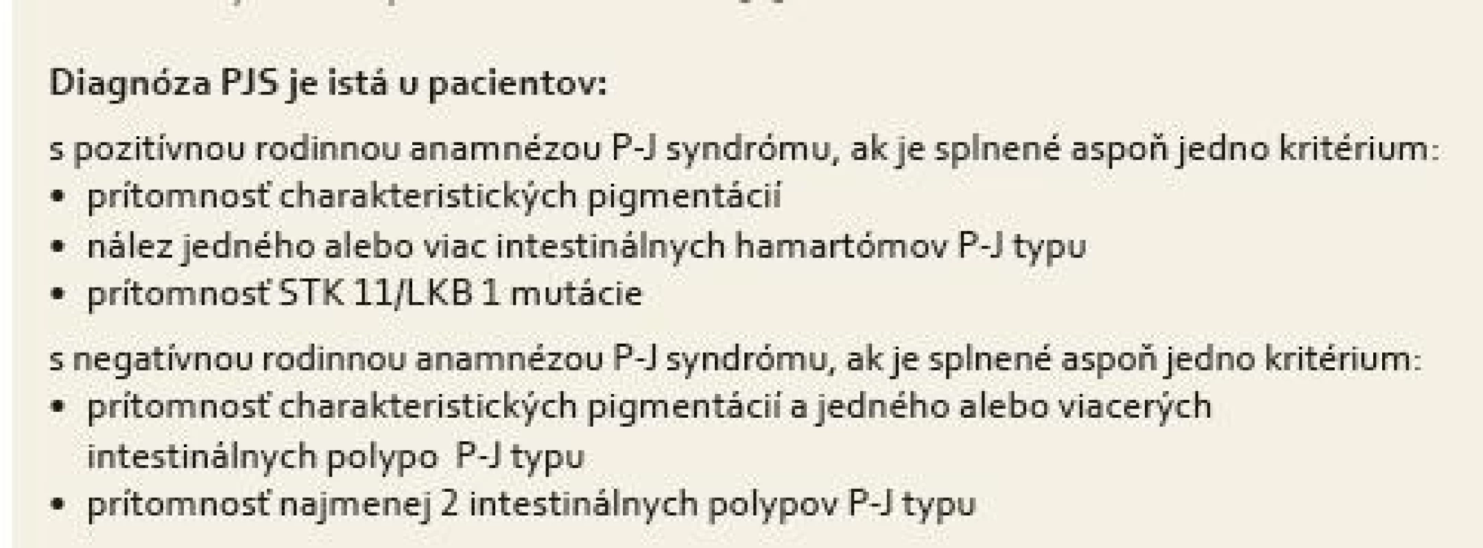 Diagnostické kritéria pre Peutz-Jeghersov syndróm modifikované podľa odporúčaní Mayo Clinic USA [1].
Tab. 1. Diagnostic criteria for Peutz-Jeghers syndrome; modified as recommended by the Mayo Clinic in the USA [1].