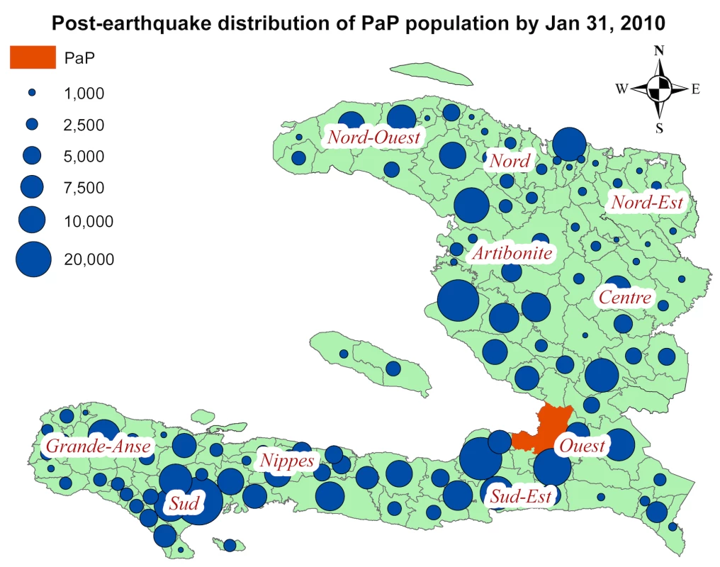 Estimated distribution of persons who were in PaP on the day of the earthquake but outside PaP 19 d after the earthquake.