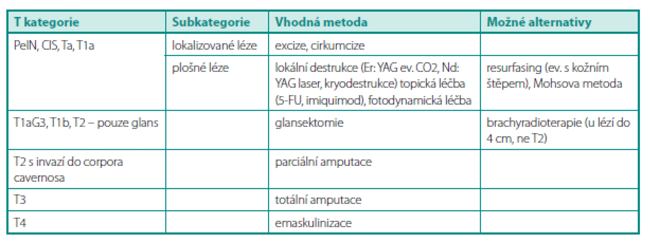 Přehled možností léčby primárního tumoru penisu dle T kategorie (TNM klasifi kace 2009, 7. vydání) (12)
Table 1. Summary of treatment possibilities of penile tumor by T category (12)