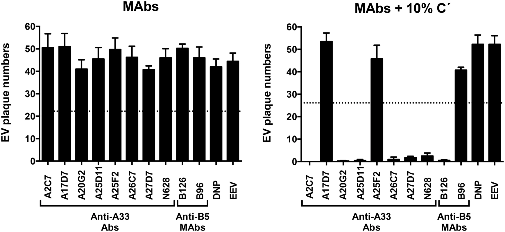 Complement and isotype dependence of anti-A33 MAb neutralization of VACV EEV.