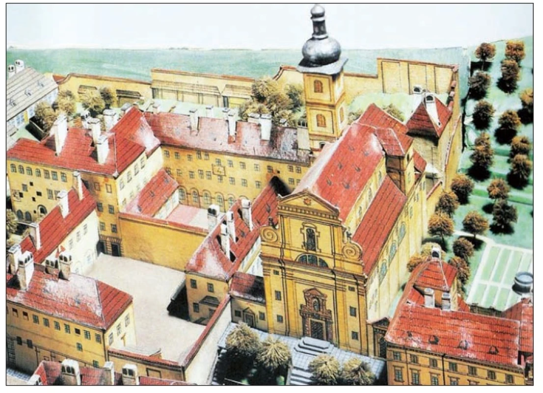 Malostranské gymnázium v Karmelitské ulici v jižním sousedství kostela P. Marie Vítězné, detail Langweilova modelu Prahy (2).