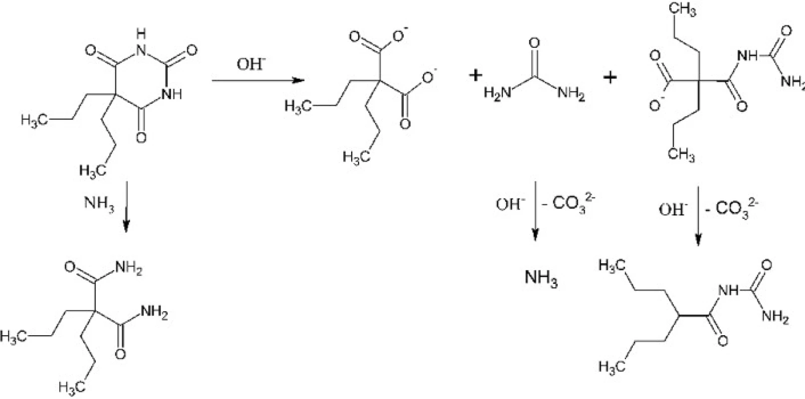 Hydrolysis and other reactions of 5,5-dipropylbarbituric acid in an alkaline hydroxide solution