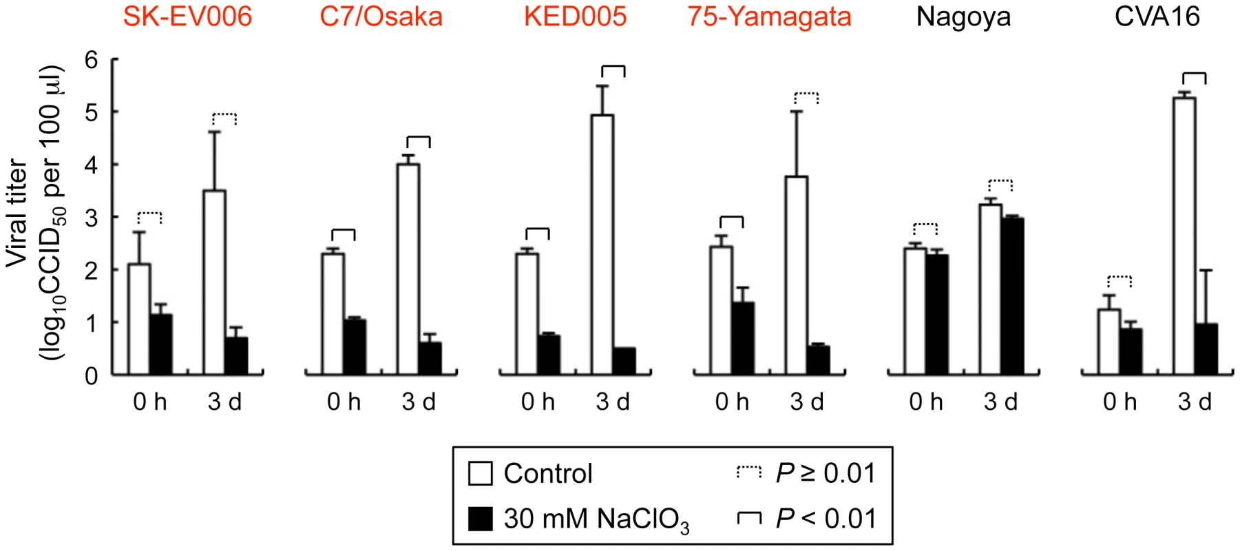 Replication of five EV71 strains and coxsackievirus A16 (CVA16) in Jurkat T cells in the presence of sodium chlorate.